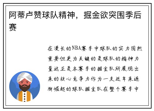 阿蒂卢赞球队精神，掘金欲突围季后赛