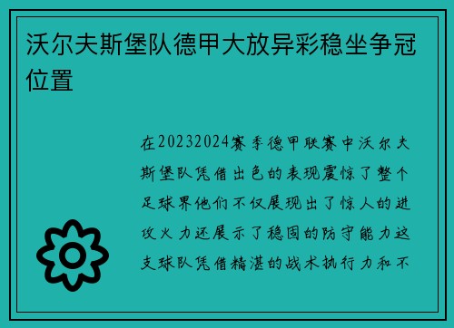沃尔夫斯堡队德甲大放异彩稳坐争冠位置
